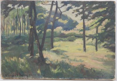 une peinture à l'huile représentant une scène forestière avec des arbres et de l'herbe