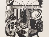an image of a black and white drawing of a man and a dog