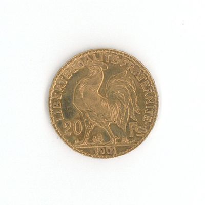 une pièce d'or ornée d'un oiseau sur une surface blanche