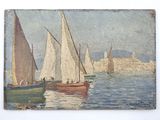 painting of sailboats in the water with a city in the background