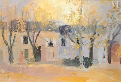 painting of a painting of a house with trees in front of it