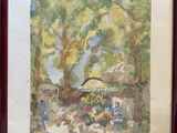 framed watercolor painting of a fruit stand in a garden