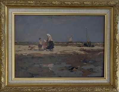 an image of a painting of a woman and two children on the beach