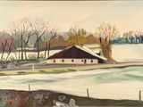 une peinture à l'huile représentant une ferme avec une grange en arrière-plan