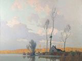 an image of a painting of a lake with trees in the foreground