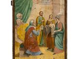 un vieux tableau représentant un groupe de personnes rassemblées autour d'un lit