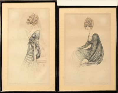 deux dessins représentant une femme en robe bleue et une femme en robe verte