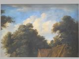 a picture of a painting of a house in the woods
