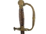 a close up of a sword with a handle on a white background