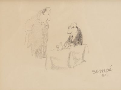 drawing of a man and a woman sitting at a table