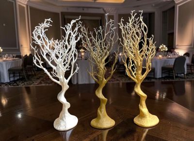 three vases that have branches on them on a table