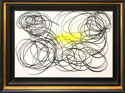 a black and yellow abstract painting with circles on a white background