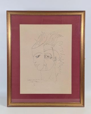 une image représentant le dessin d'un visage d'homme dans un cadre doré