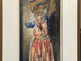 painting of a woman in a red dress with a hat on her head