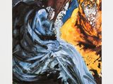 une image représentant un tableau où l'on voit une femme et un chien dans un champ