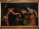 an image of a painting of a man holding a woman ' s hand