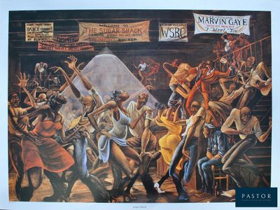 tableau représentant un groupe de personnes dansant devant une scène