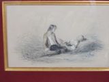 drawing of a woman sitting on a bed with a dog