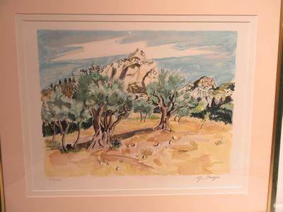 a picture of a watercolor painting of olive trees in a field