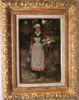 tableau représentant une femme avec un arrosoir, dans un cadre doré