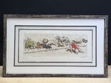 tableau représentant un groupe de chiens courant sur une piste, avec un homme vêtu d'un manteau rouge