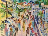 une peinture représentant un groupe de personnes marchant dans la rue