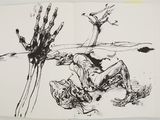 a drawing of a man laying on the ground next to a tree