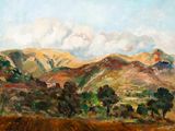 an oil painting of a landscape with mountains in the background