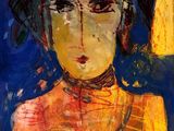 a painting of a woman in a yellow dress with a blue background