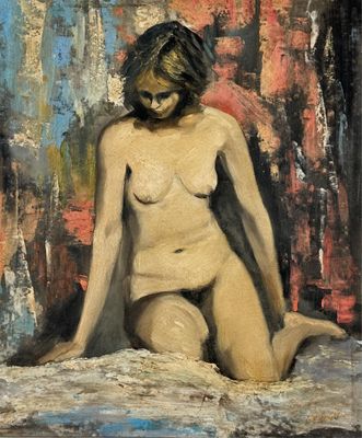 an oil painting of a nude woman sitting on a bed
