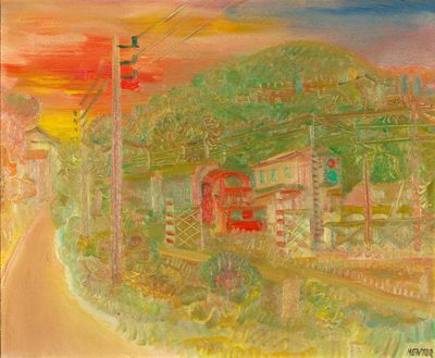 reproduction d'un tableau représentant une route de campagne avec des maisons et des lignes électriques
