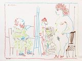 dessin représentant une femme et deux enfants assis sur une chaise devant un miroir