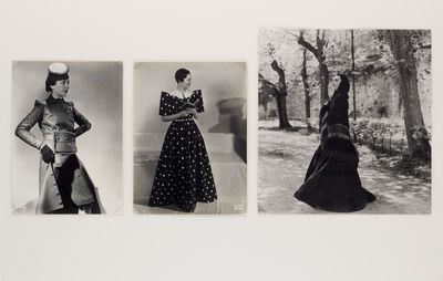 three black and white photographs of women in long dresses in a park