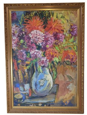 a painting of flowers in a vase on a table
