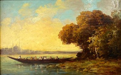 tableau représentant des personnes dans un bateau sur une rivière, avec une ville en arrière-plan