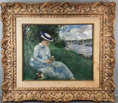 a painting of a woman in a hat sitting on the grass