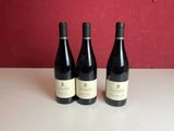trois bouteilles de vin rouge sont posées sur une table devant un mur rouge