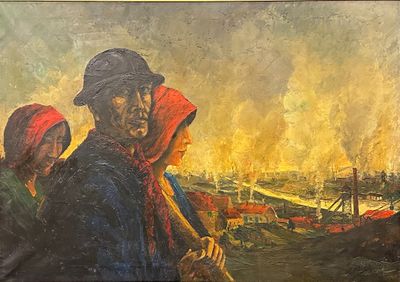 painting of a group of people standing next to each other on a field