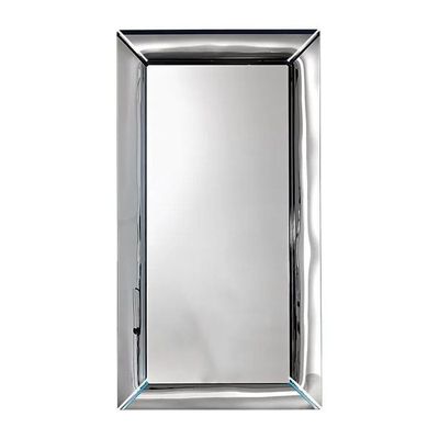silver rectangular mirror on a white wall with a black frame