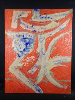 an abstract painting with blue and orange paint on a black background