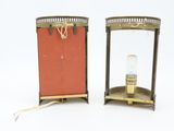 pair of antique brass and red lamps with a glass shade