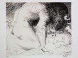 a black and white drawing of a woman laying on a bed