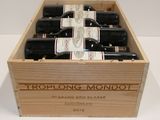 bottles of red wine in a wooden box on a white surface