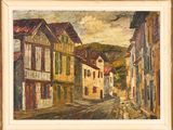 an oil painting of a street scene with buildings and a horse
