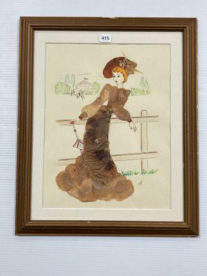 tableau représentant une femme en robe marron tenant un parapluie rouge