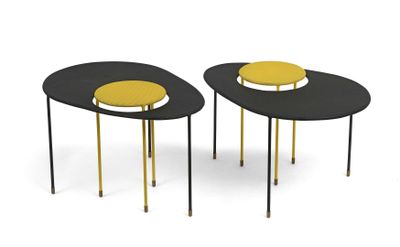 two black and yellow tables with a yellow top on a white surface