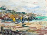 un tableau représentant des personnes marchant sur la plage avec des planches de surf