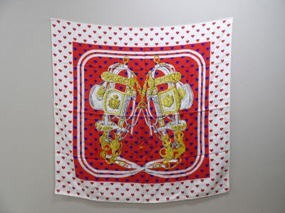 red and white scarf with two elephants and hearts on it