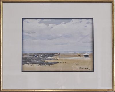 painting of a beach scene with people walking on the sand