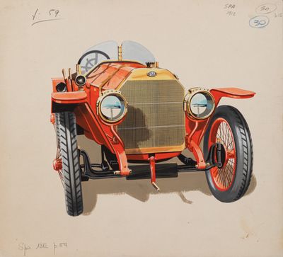 drawing of an old model car with the front end of the car painted orange